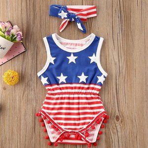 NEW Girl's American Flag Pom Pom Romper